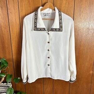 Vintage Eva Laurel Vintage White Blouse Metallic Chain Link Collar Cuffs Size 12